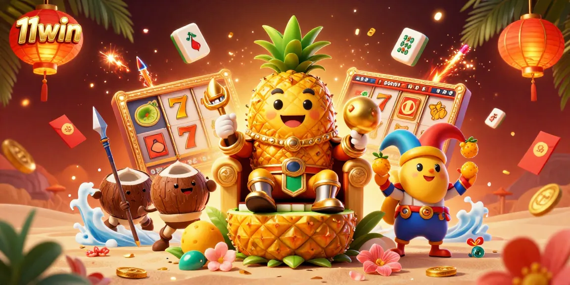 Join the excitement at 11win with the golden pineapple king and friends in a vibrant casino scene.